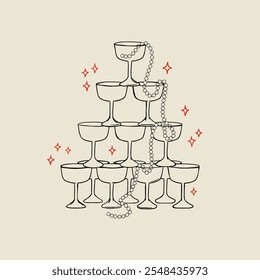 Vector illustration of glass pyramid with pearl necklace and stars. Elegant hand drawn champagne tower. Holiday clipart for wedding, birthday, valentines day, anniversary