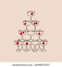 Vector illustration of glass pyramid with red cherries. Elegant hand drawn champagne tower. Holiday clipart of alcohol cocktails