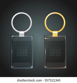 Vector illustration of a glass rectangular keychain with a ring for a key, isolated on a dark gray background. Ideal template for branding, identity guidelines and promo campaigns.