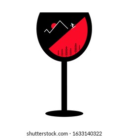 Vector illustration with glass of red wine, ski rider, pine trees, sun and mounatins. Vacation concept print design, bar and restaurant menu decoration