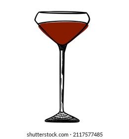 Vektorgrafik eines Glases Rotwein, Doodle-Stil mit schwarzen Linien auf weißem Hintergrund