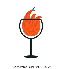 Vector illustration with glass of red wine with waves and surfer on surfboard. Funny vacation and surfing sport print design