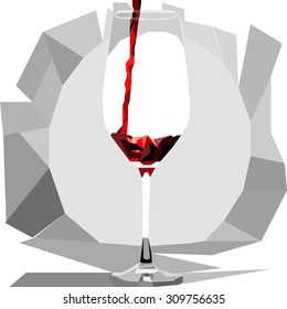 Vector illustration glass of red wine on white and gray. Wine pours in wine glass.
