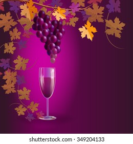 Vector illustration with a glass of red wine and a bunch of red grapes. In the background can be seen green leaves. It can be used for decoration of menu and wine list.