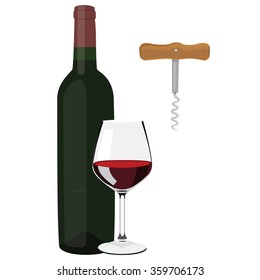 Vector illustration glass with red wine, wine bottle and wine corkscrew with wooden handle