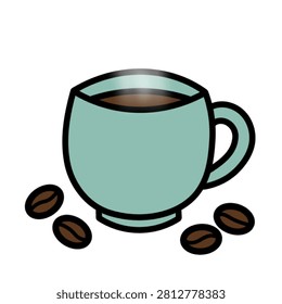 A vector illustration of a glass of steaming hot coffee accompanied by coffee beans.