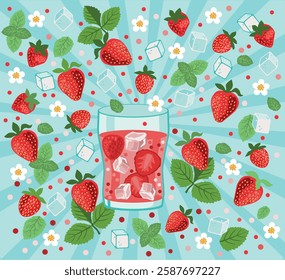 Vector illustration of a glass with strawberry drink, ice cubes and mint leaves. International Strawberry Day. Background for a summer event, strawberry cafe