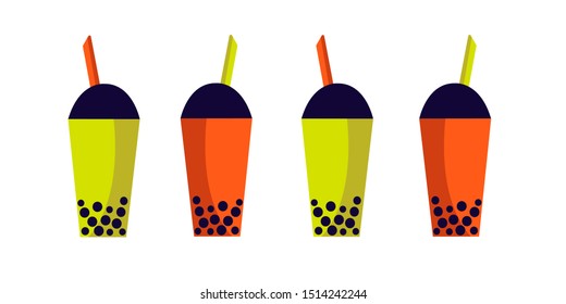 Vector illustration of a glass of tapioca pearl with milk. multi-colored mugs with tapioca. Vector graphics