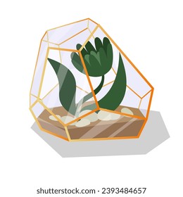 Ilustración vectorial con un terrario de vidrio de un florario resaltado en el fondo. Flores, brotes en maceta de flores geométricas de estilo plano. La planta está en una jaula de vidrio dorada, un contenedor