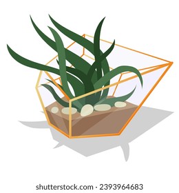 Ilustración vectorial con un terrario de vidrio de un florario resaltado en el fondo. Flores en maceta de flores geométricas en un estilo plano. La planta está en una jaula de vidrio dorado, un contenedor. aislado