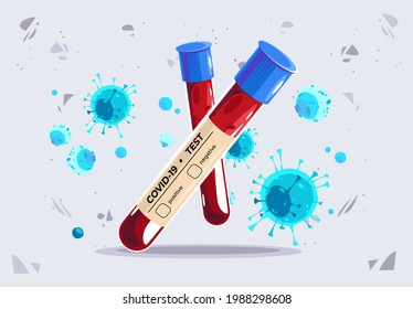 Ilustración vectorial de tubos de ensayo de vidrio con sangre en el interior, prueba de detección de covid-19