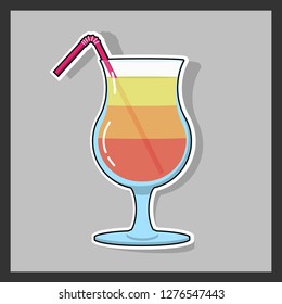 vector illustration of a glass with a three-layer drink and a straw for a cocktail with white edging and shadow on an isolated background