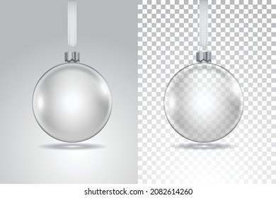 Vector illustration of a glass transparent christmas ball on a plane background, realistic xmas ball