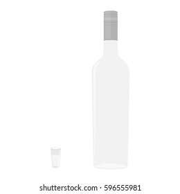Vector illustration glass vodka bottle with screw cap and shot drink. Alcohol Russian drink