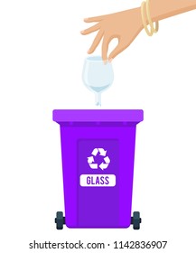 Vector illustration: glass waste throw out. Woman hand throwing away broken glass in garbage container. Trash sorting concept. Colorful trash bin.
