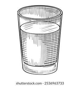 Vector illustration of a Glass of Water painted by black inks in outline style. Linear drawing of transparent clear container for beverage or liquid on isolated background. Etching for cookery book.