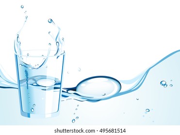 Vector illustration of glass of water with splashes and flowing water background.
