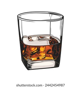 Vector illustration of a glass of whiskey with ice cubes, isolated on white