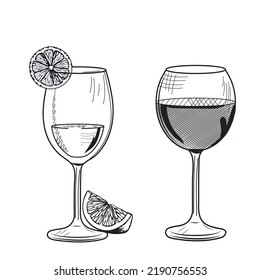 Vector illustration of a glass of white and red wine in hand-drawn vintage engraving style.