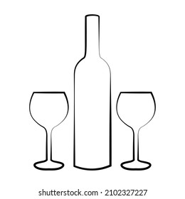 Vector illustration of glass and wine bottle outline isolated on white background