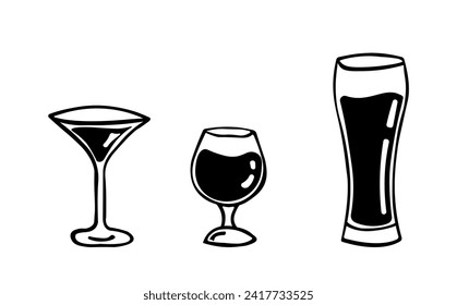 Vector illustration of glasses for alcohol. Set of flat glass icons. Outline symbols for web design, application. Elements for printing on isolated background. Signs for business card, sticker. EPS10