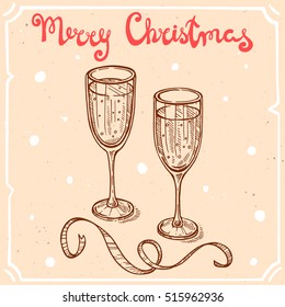 Vector illustration of glasses of champagne,text Merry Christmas on the background with abstract paper texture,retro frame.Letters,wineglasses sketch.Linear art in vintage style for your design.