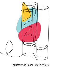 Ilustración vectorial de los vasos para cóctel. Dos vasos, un vaso con cóctel y limón, el otro vacío. Dibujado en una técnica de línea.