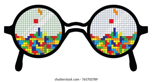 vector illustration of glasses with colorful blocks game puzzle reflection for gameplay concept