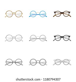 Vector illustration of glasses and frame icon. Set of glasses and accessory stock symbol for web.