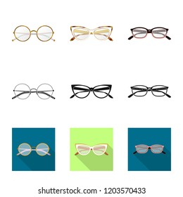 Vector illustration of glasses and frame icon. Set of glasses and accessory vector icon for stock.