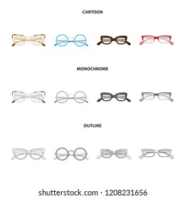 Vector illustration of glasses and frame icon. Set of glasses and accessory vector icon for stock.