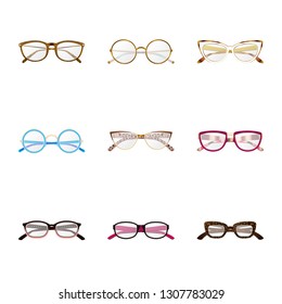 Vector illustration of glasses and frame icon. Set of glasses and accessory stock symbol for web.