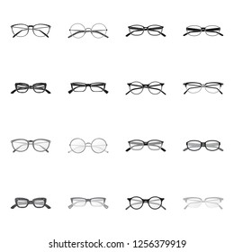 Vector illustration of glasses and frame logo. Set of glasses and accessory vector icon for stock.