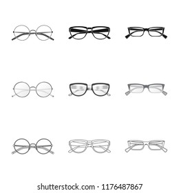 Vector illustration of glasses and frame sign. Collection of glasses and accessory vector icon for stock.