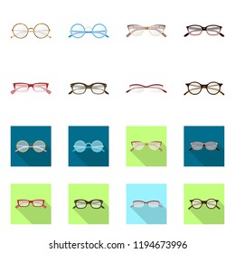 Vector illustration of glasses and frame symbol. Set of glasses and accessory vector icon for stock.
