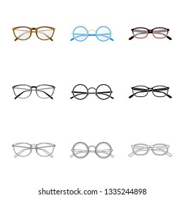 Vector illustration of glasses and frame symbol. Set of glasses and accessory stock vector illustration.