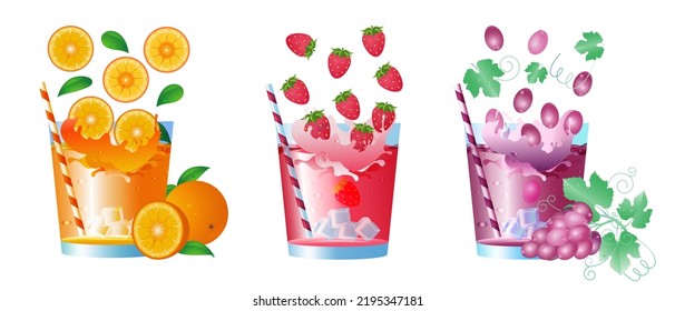 Vector illustration of glasses with freshly squeezed juice. Fruit mix. Variety of cocktails with their ingredients. Composition of fruit cocktails with straw. Healthy food concept.