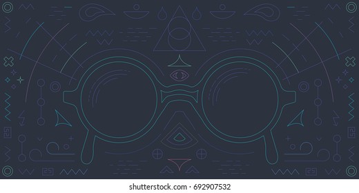 vector illustration of glasses with linear art decorative elements on dark background