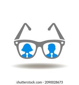 Vector Illustration Of Glasses With Man And Woman Silhouettes. Icon Of Bias. Symbol Of Gender Discrimination Prejudice.