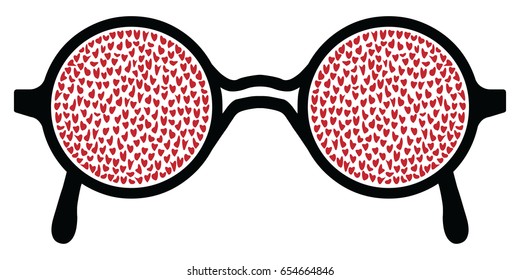 vector illustration of glasses and many hearts for romantic vision designs