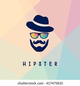 Vector illustration of glasses and a mustache with a beard isolated on multicolor background. geek logo,man old school logo template.