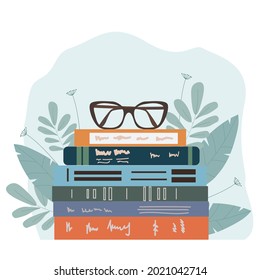 Vector illustration of glasses on top stack books. Conceptual illustration of earnings, distance learning and self-education. World book day.  Reading set with stack of books, glasses. 