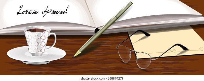 vector illustration with glasses, pen, notebook, cup of coffee on the table 