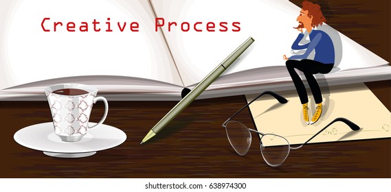 vector illustration with glasses, pen, notebook, cup of coffee on the table and a man