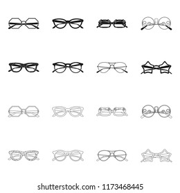 Vector illustration of glasses and sunglasses icon. Set of glasses and accessory stock vector illustration.