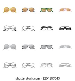 Vector illustration of glasses and sunglasses icon. Collection of glasses and accessory vector icon for stock.