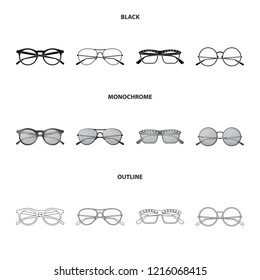 Vector illustration of glasses and sunglasses symbol. Set of glasses and accessory stock vector illustration.
