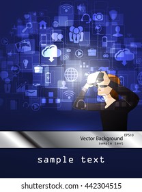 Vector illustration of glasses with the virtual reality of the hologram image.