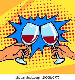 vector illustration with glasses of wine in hands in pop art style