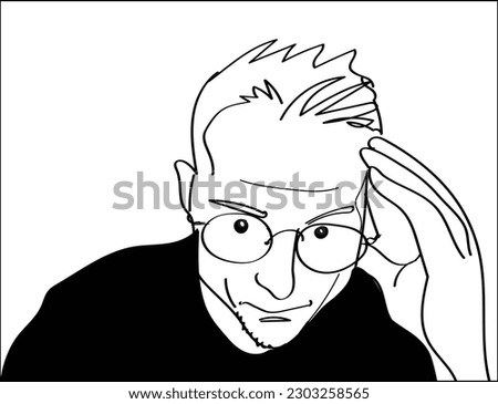 Vector illustration, glasses young thinking man portret blak and white outline, white background, character comics style, black t-shirt, hand supports head, short haircut, looks intently, front view.